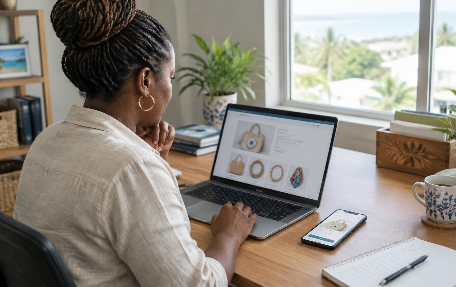 A Caribbean retailer reviewing an online store on a laptop beside packaged goods ready for island delivery